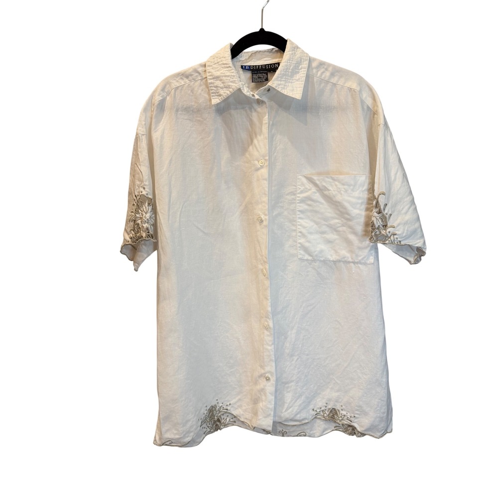 Vintage IB Diffusion White Linen Embroidered Cutwork Button Down Shirt Size 6